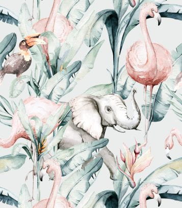 Wzór tapety dla dziecka z afrykańskimi zwierzętami zamieszkującymi dżunglę. Grafika zawiera: słonia, ptaka, flamingi oraz zielone rośliny. Całość osadzona jest na szarym tle.