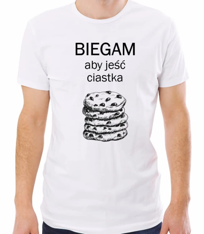 Biała męska koszulka biegam aby jeść ciastka