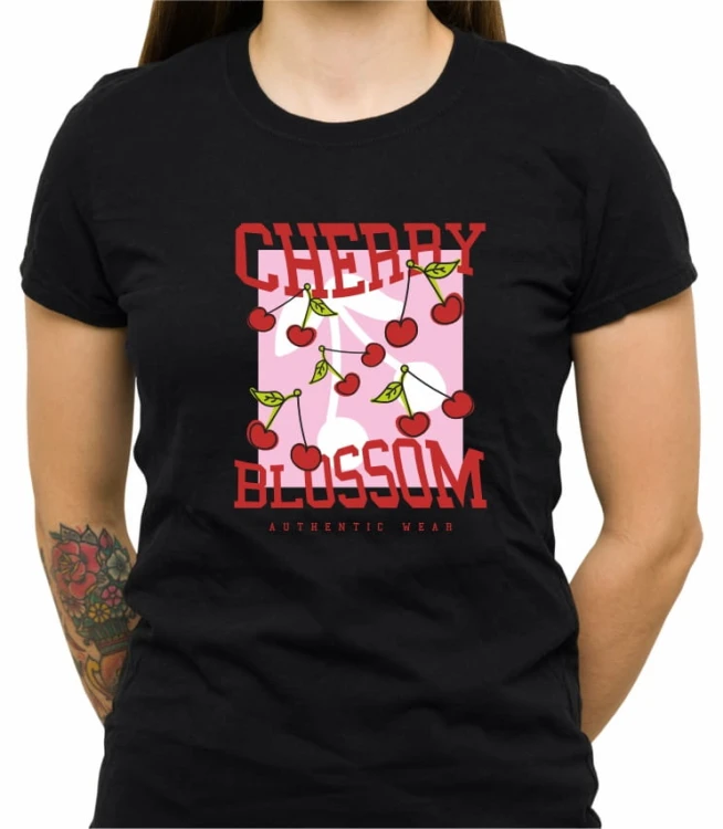 Czarna damska koszulka cherry blossom