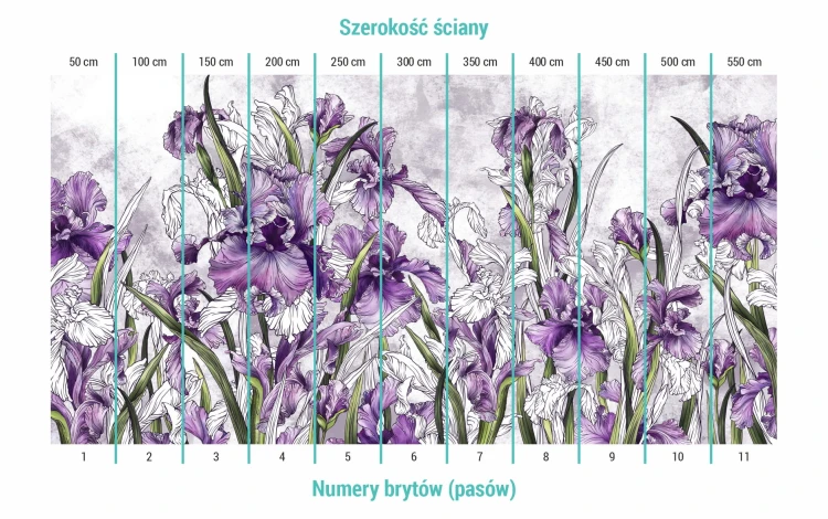 Podział na bryty na tapecie w duże fioletowe irysy