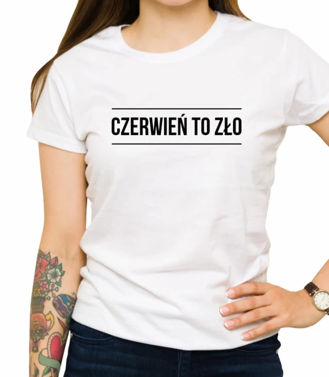 Biała damska koszulka czerwień to zło