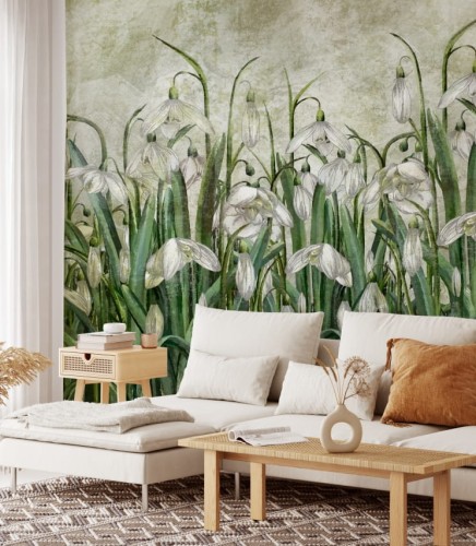 Fototapeta białe przebiśniegi na oliwkowo-zielonym tle w stylu botanicznym