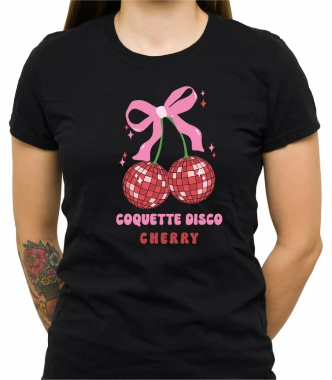 Czarna damska koszulka coquette disco ball cherry
