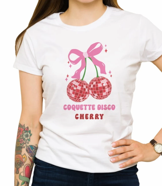 Biała damska koszulka coquette disco ball cherry
