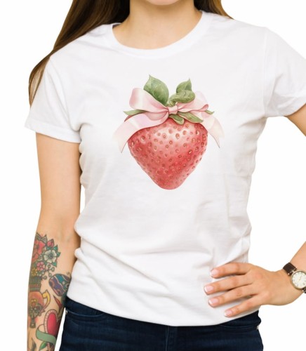 Biała damska koszulka strawberry with pink bow