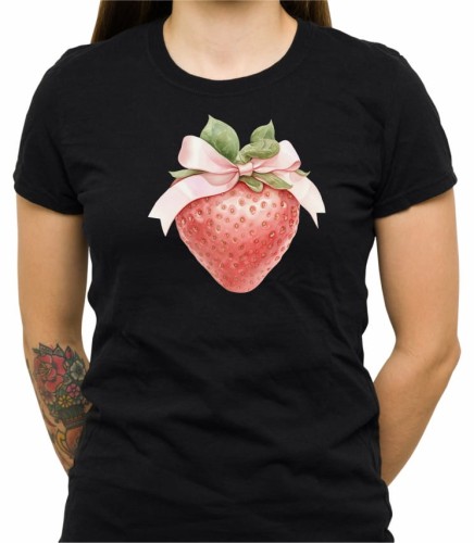 Czarna damska koszulka strawberry with pink bow