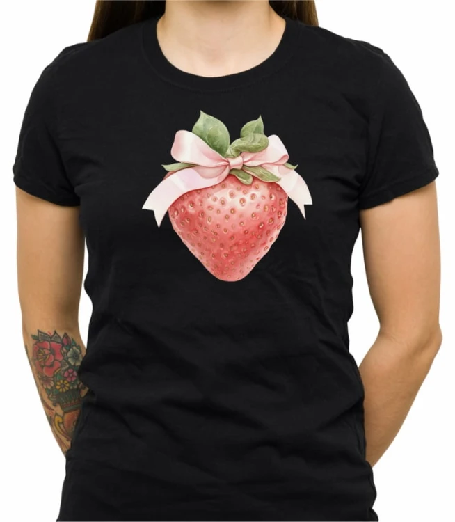 Czarna damska koszulka strawberry with pink bow
