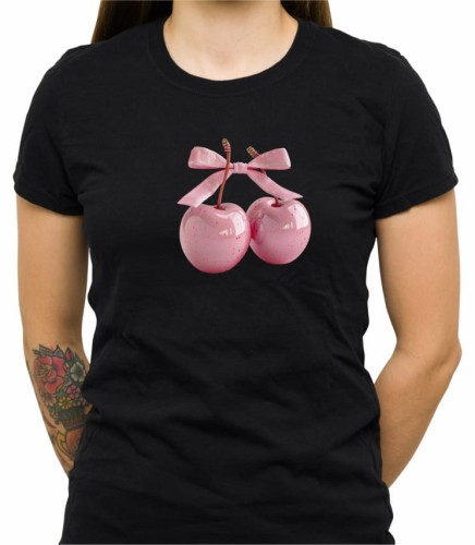 Czarna damska koszulka cherries with pink bow