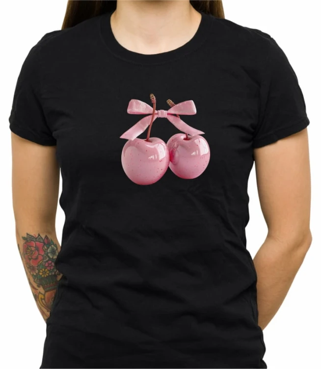Czarna damska koszulka cherries with pink bow