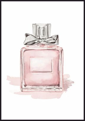 Ilustracja na ścianę  - flakon dziewczęcych różowych perfum z szarą kokardą