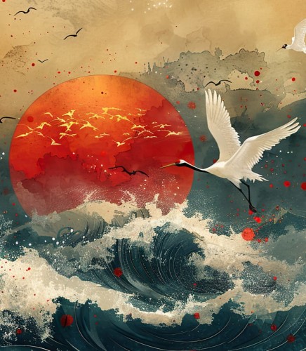 Fototapeta żurawie nad oceanem - malarski zachód słońca nad wodą
