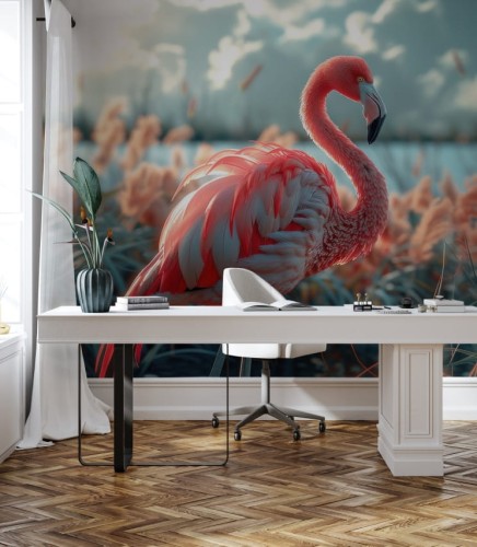 Fototapeta z różowym flamingiem na tle turkusowej wody - efektowna dekoracja ściany w salonie lub sypialni.