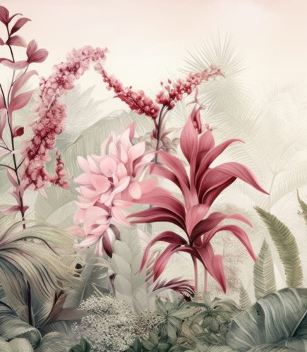 Wzór fototapety różowy ogród botaniczny - kwiaty tropikalne i zielone liście