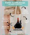 Kobieta trzymająca torbę "Kokoszanel", na grafice widzimy parametry torby.