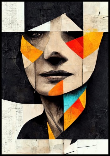 Odważny, graficzny portret przedstawiający twarz z kolorowymi, geometrycznymi akcentami. Grafika sprawdzi się w pomieszczeniach urządzonych nowocześnie