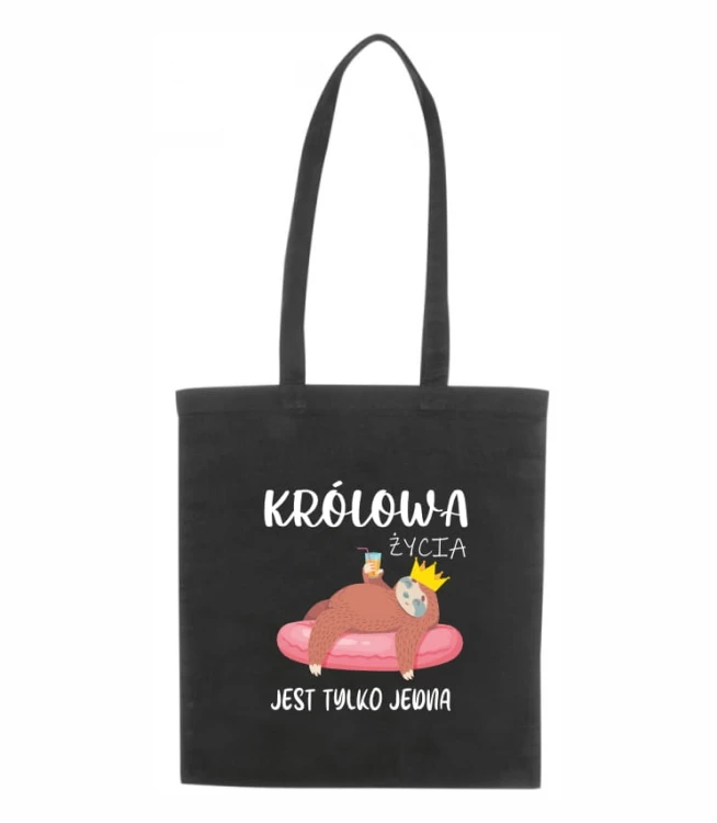 czarna torba bawełniana z długimi uszami, z nadrukiem - Królowa życia.jpg