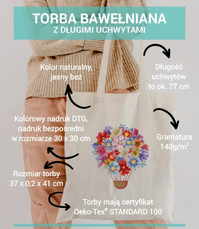 torba bawełniana z długimi uszami, z nadrukiem w kwiatowe balony - opis parametrów