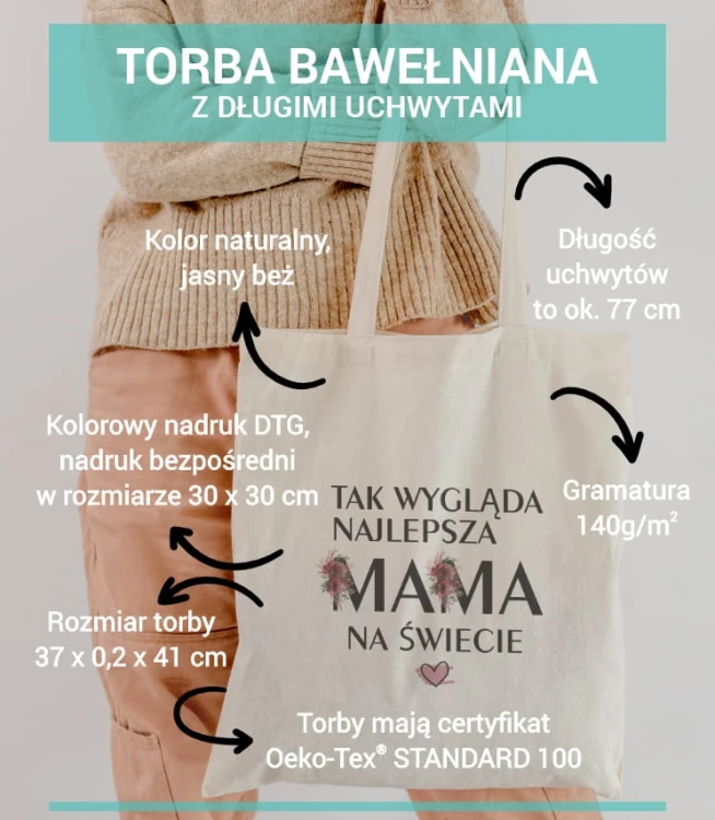 torba bawełniana z długimi uszami, z nadrukiem - tak wygląda najlepsza mama na świecie - opis materiału