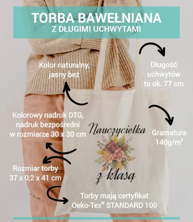 torba bawełniana z długimi uszami, z nadrukiem - nauczycielka z klasą - opis materiału