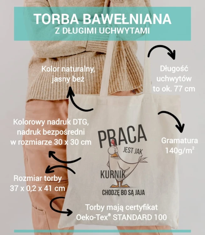 torba bawełniana z długimi uszami, z nadrukiem - praca jest jak kurnik, chodzę, bo są jaja - opis materiału