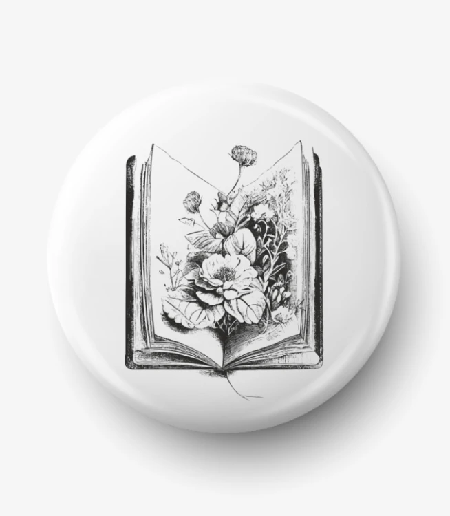 Button książka z kwiatami