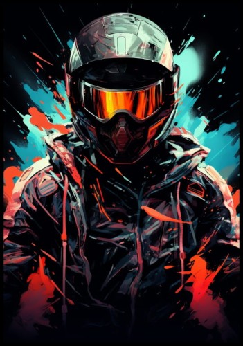 Abstrakcyjny plakat ukazujący motocyklistę.
