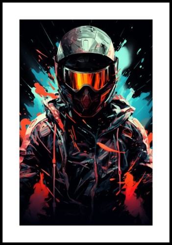 Plakat z motocyklistą w kontrastujących barwach, który drukowany jest z białym marginesem dookoła.