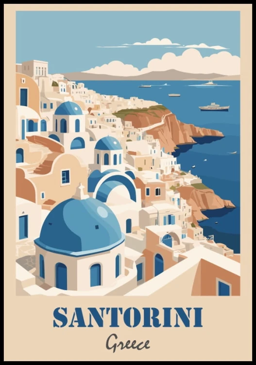 Graficzna prezentacja popularnego widoku na Santorini