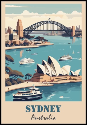 Retro plakat z Sydney z widokiem na Operę oraz most Harbour Bridge