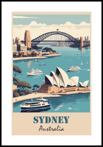 Abstrakcyjny plakat z Sydney z widokiem na Operę oraz most Harbour Bridge