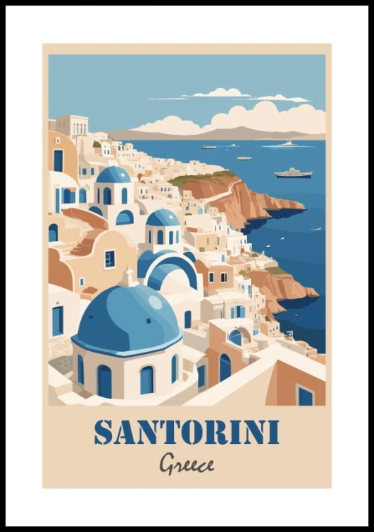 Plakat retro Santorini z marginesem