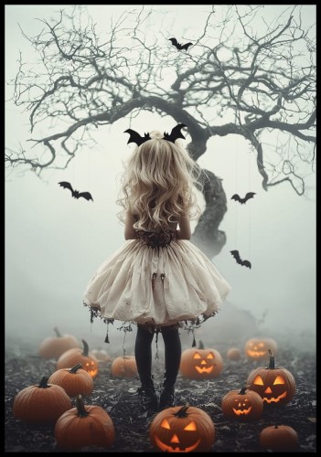 Plakat na Halloween dla dzieci, na którym jest dziewczynka w opasce z nietoperzami na tle drzewa i dyń