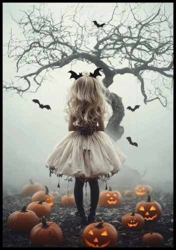 Plakat na Halloween dla dzieci, na którym jest dziewczynka w opasce z nietoperzami na tle drzewa i dyń