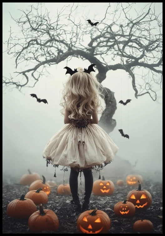 Plakat na Halloween dla dzieci, na którym jest dziewczynka w opasce z nietoperzami na tle drzewa i dyń
