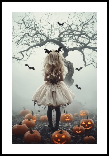 Plakat "Dziewczynka na Halloween" z białym marginesem dookoła