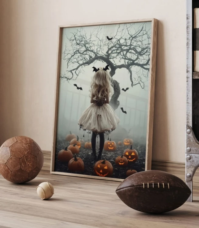 Plakat "Dziewczynka na Halloween" ustawiony pod ścianą
