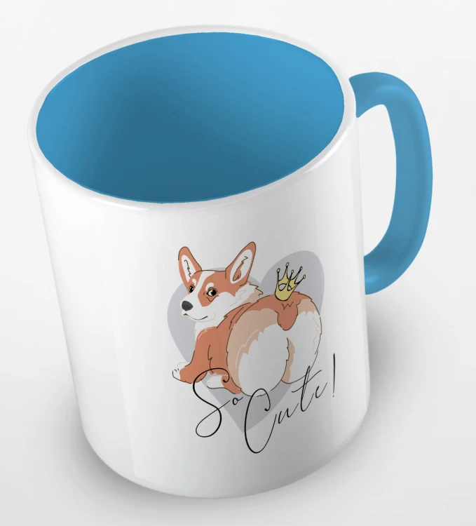 kolorowy kubek z grafiką psa i hasłem so cute - kolor błękitny