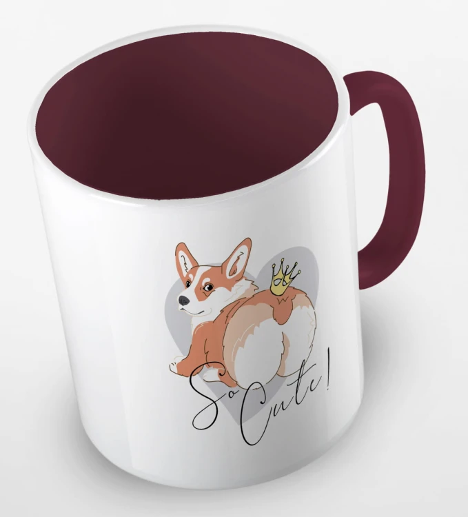 kolorowy kubek z grafiką psa i hasłem so cute - kolor bordowy