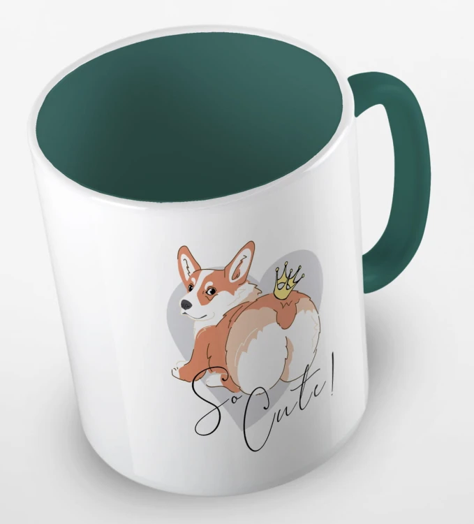 kolorowy kubek z grafiką psa i hasłem so cute - kolor ciemnozielony