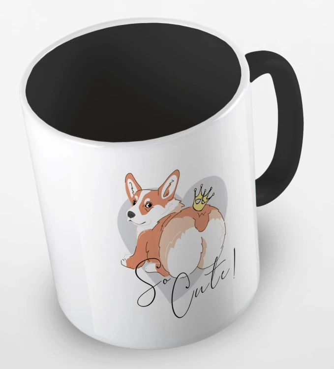 kolorowy kubek z grafiką psa i hasłem so cute - kolor czarny