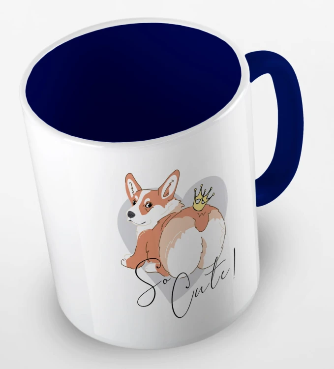 kolorowy kubek z grafiką psa i hasłem so cute - kolor granatowy
