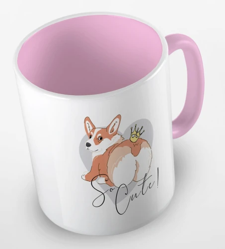 kolorowy kubek z grafiką psa i hasłem so cute - kolor różowy