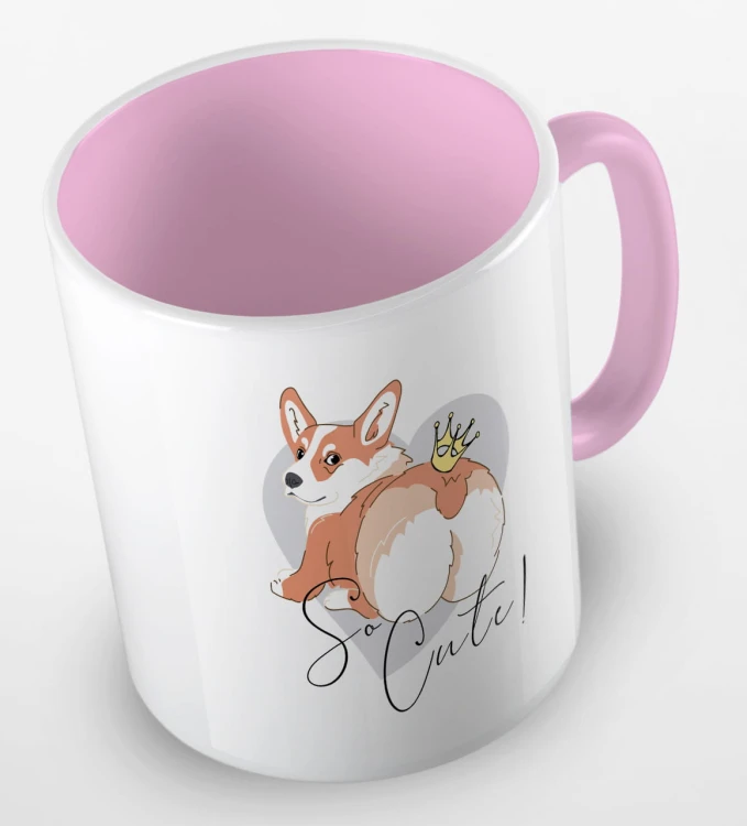 kolorowy kubek z grafiką psa i hasłem so cute - kolor różowy