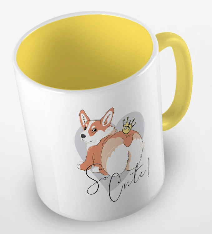 kolorowy kubek z grafiką psa i hasłem so cute - kolor żółty