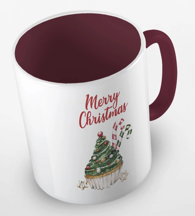 kolorowy kubek z hasłem merry christmas i uroczą babeczką w kaształcie choniki - kolor bordowy.jpg