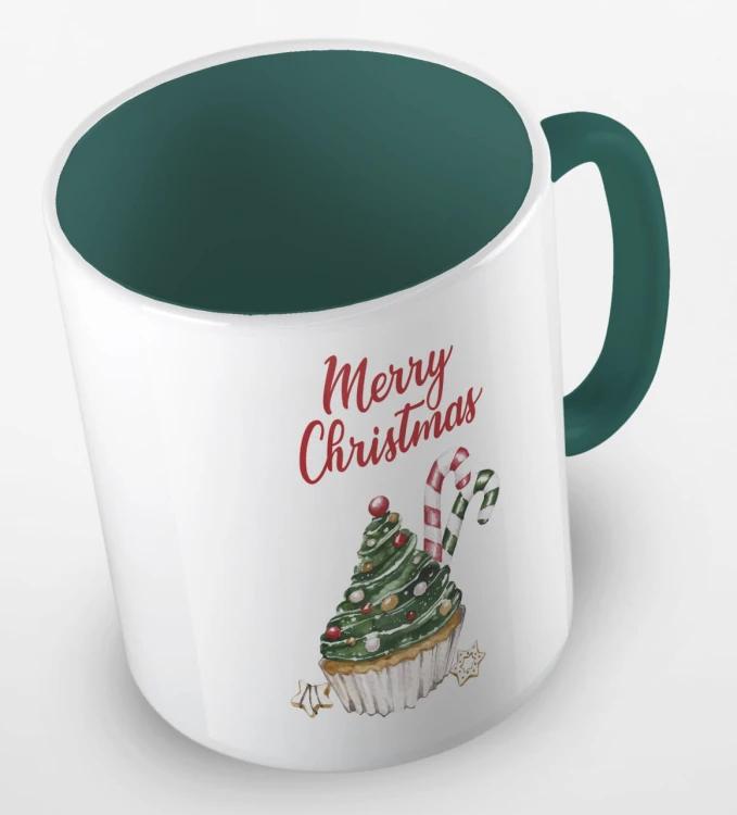 kolorowy kubek z hasłem merry christmas i uroczą babeczką w kaształcie choniki - kolor ciemnozielony.jpg