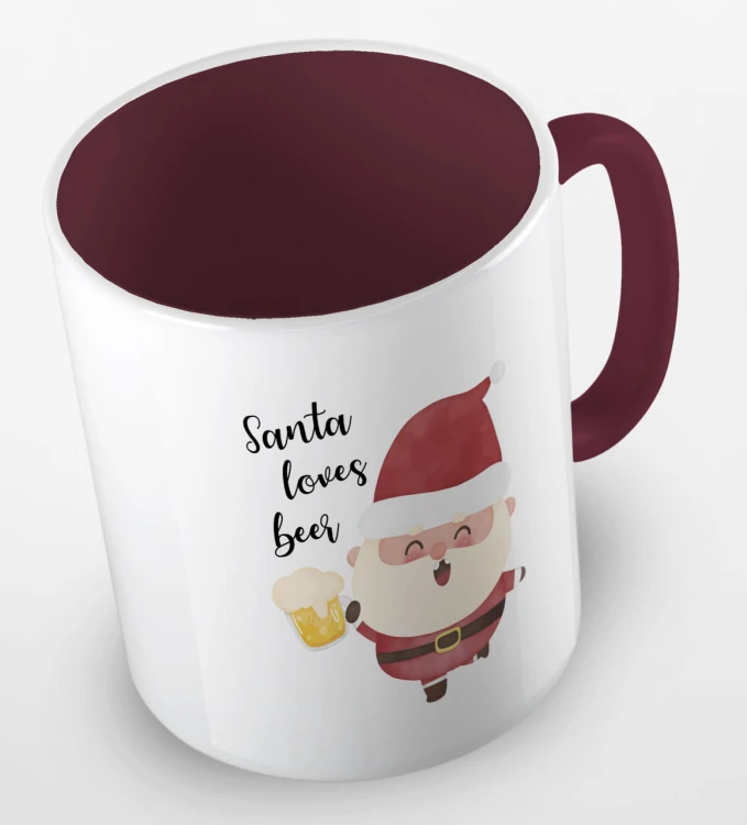 kolorowy kubek z hasłem Santa loves beer - kolor bordowy.jpg