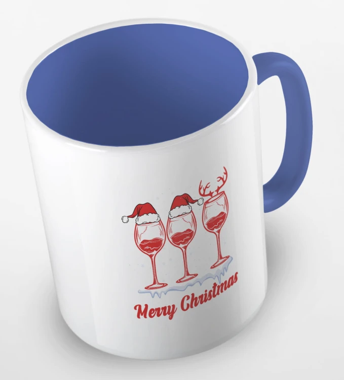 kolorowy kubek z hasłem Merry Christmas oraz grafiką świątecznego wina - kolor niebieski.jpg