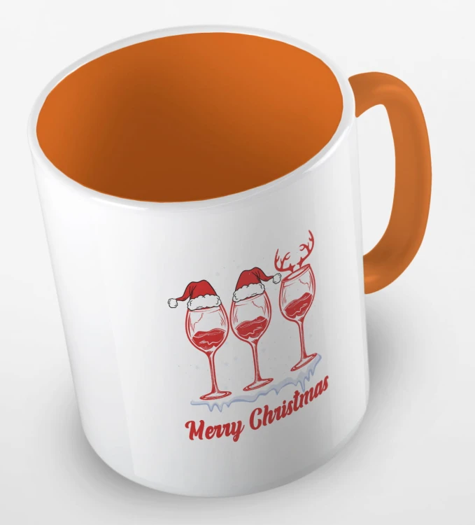 kolorowy kubek z hasłem Merry Christmas oraz grafiką świątecznego wina - kolor pomarańczowy.jpg