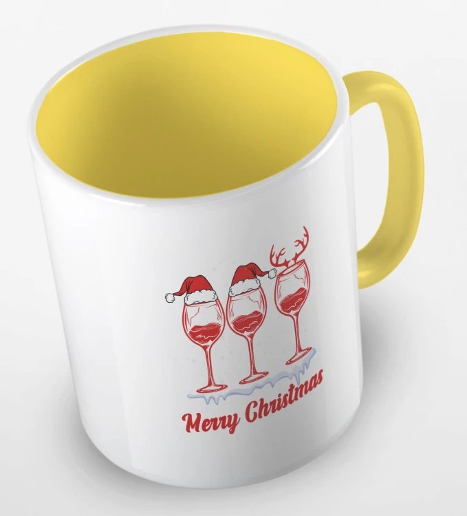 kolorowy kubek z hasłem Merry Christmas oraz grafiką świątecznego wina - kolor żółty.jpg